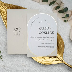 Birds Patterned Cream Beige Modern Wedding Invitation Card with Gold Foil Frame and Cream Beige Envelope, Minimal Luxury Invite, Printed