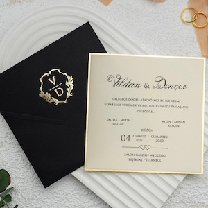 Gold Foil Framed Cream Beige Modern Wedding Invitation Card and Black Envelope with  Gold Foiled Monogram, Minimal Luxury Invite, Printed