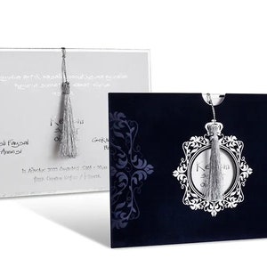 Silver Foiled Edged White Wedding Invitation Card with Silver Tassel and Silver Foiled Dark Blue Navy Velvet Sleeve, Luxury Thick Invite