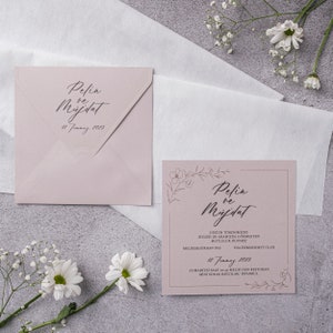 Floral Botanical Light Brown Modern Wedding Invitation Card and Light Brown Envelope, Minimal Invite, Printed