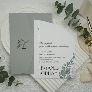 Leaves Patterned Half Arch White Wedding Invitation Card and Pastel Sage Green Envelope, Minimal Floral Botanical Invite, Printed