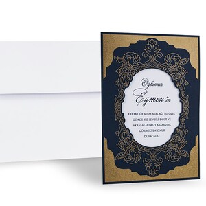 White Modern Wedding Invitation Card with Dark Blue Navy/Gold Cover and White Envelope, Minimal Luxury Invite, Printed