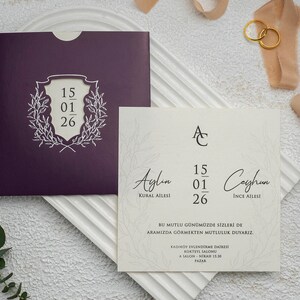 Leaf Patterned Cream Ivory Modern Wedding Invitation Card and Purple Sleeve with Silver Foiled Botanical Monogram, Minimal Invite, Printed