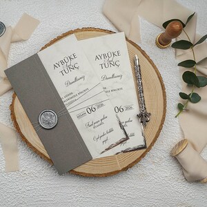 Silver Foil Edge White Modern Wedding Invitation and Gray Cover with Silver Wax Seal and Silver String, Luxury Invite, Printed