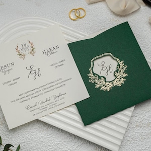White Modern Wedding Invitation Card with Floral Botanical  Monogram and Gold Foiled Green Khaki Sleeve, Minimal Invite, Printed