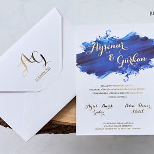 Sax Royal Blue Watercolor Gold Foiled White Modern Wedding Invitation Card and Gold Foiled White Envelope, Minimal Luxury Invite, Printed