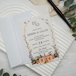 Floral Framed White Ivory Modern Wedding Invitation Card and White Envelope, Minimal Floral Botanical Invite, Printed