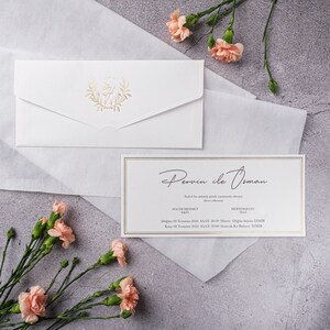 Gold Foil Border White Wedding Invitation Card and Floral Botanical Gold Foiled White Envelope, Minimal Invite, Printed