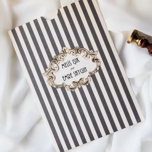 Cream Ivory Modern Wedding Invitation Card and Gray Striped Patterned Cream Ivory Sleeve with Gold Foiled Monogram, Minimal Invite, Printed