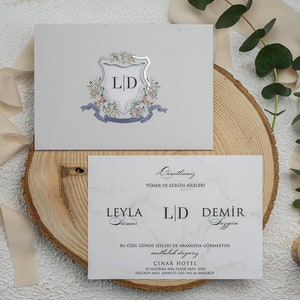 Marble Patterned White Modern Wedding Invitation Card and Silver Foiled Light Gray Sleeve with Floral Botanical Monogram, Printed