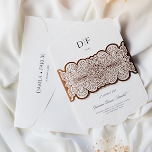 Embossed Framed White Ivory Modern Wedding Invitation Card with Copper Color Belly Band and White Ivory Envelope, Minimal Invite, Printed