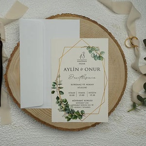 Green Leaves Patterned White Modern Wedding Invitation Card with Gold Foiled Geometric Frame and White Envelope, Minimal Invite, Printed