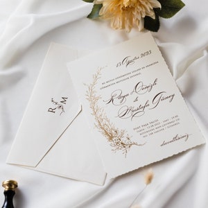Wavy Edge Botanical Cream Beige Modern Wedding Invitation Card with Gold Foil Branch and Cream Beige Envelope, Minimal Invite, Printed