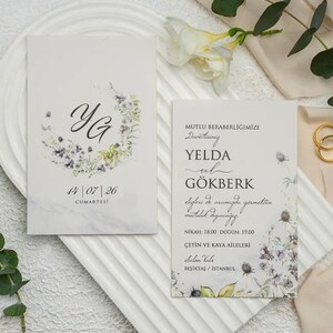 Flower Patterned Light Gray Modern Wedding Invitation Card and Marble Patterned Light Gray Sleeve with Floral Monogram, Minimal Invite