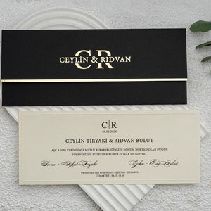 Cream Beige Wedding Invitation with Embossed Border and Gold Foiled Edged Black Cover, Minimal Luxury Invite, Printed