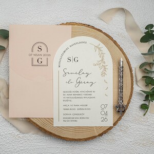 Oval Curved Arched Leaves Patterned Cream Beige Wedding Invitation Card and Powder Color Envelope, Minimal Invite, Printed