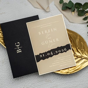 Gold Foil Framed Cream Beige Modern Wedding Invitation Card with Black Detail and Gold Foiled Black Envelope, Minimal Luxury Invite, Printed