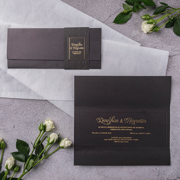 Embossed Bordered Gold Foil Black Flap Folded Modern Wedding Invitation Card with Embossed Belly Band, Minimal Elegant Invite, Printed