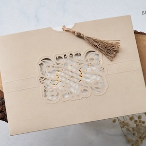 Gold Foiled White Wedding Invitation Card with Rose Gold Tassel and Lasercut Powder Color Sleeve, Minimal Luxury Invite, Printed