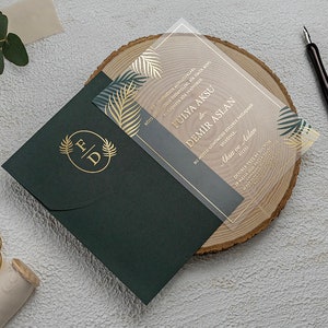 Green and Gold Leaves Pattern Acrylic Wedding Invitation Card with Gold Foil Border and Gold Foil Monogram Green Khaki Envelope, Printed