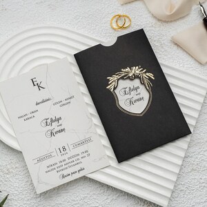 Marble Patterned White Wedding Invitation Card and Floral Botanical Gold Foil Monogram Black Sleeve,  Minimal Luxury Invite, Printed