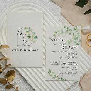 Green Eucalyptus Patterned White Ivory Modern Wedding Invitation Card and White Ivory Sleeve with Eucalyptus Monogram, Minimal Invite
