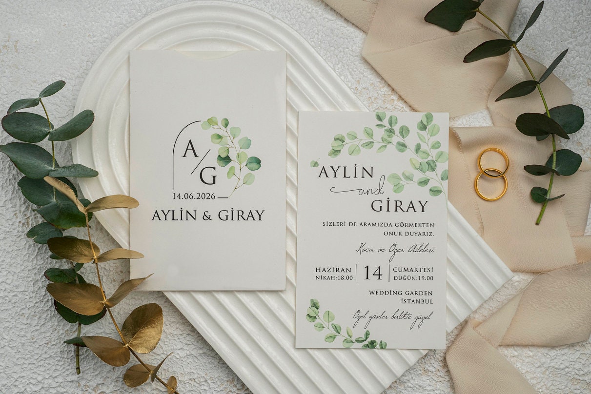 Green Eucalyptus Patterned White Ivory Modern Wedding Invitation Card and White Ivory Sleeve with Eucalyptus Monogram, Minimal Invite