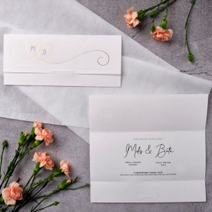 Gold Foiled Heart Patterned White Ivory Flap Folded Modern Wedding Invitation Card, Minimal Elegant Invite, Printed