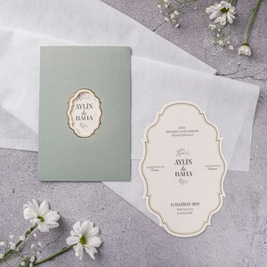 Wavy Edged Cream Ivory Modern Wedding Invitation Card with Gold Foiled Border and Gold Foiled Mint Green Sleeve , Minimal Invite, Printed