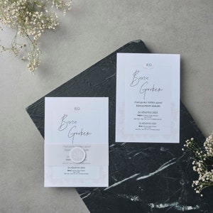 Floral Botanical Pattern White Wedding Invitation Card with White Vellum Belly Band and White Seal, Minimal Invite, Printed