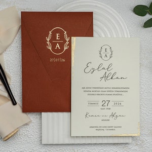 Gold Foil Edge Cream Ivory Modern Wedding Invitation Card and Gold Foiled Monogram Terracotta Burnt Orange Envelope, Minimal Invite, Printed