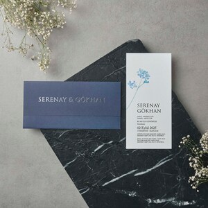 Forget Me Not Flowers Patterned White Modern Wedding Invitation Card and Silver Foiled Dark Blue Navy Envelope, Minimal Invite, Printed