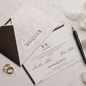 White Modern Wedding Invitation Card with Black and Marble Pattern Border and Gold Foiled Marble Patterned Black Sleeve, Minimal Invite