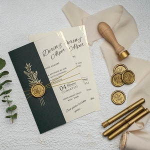 Gold Foil Edge Cream Wedding Invitation and Floral Botanical Gold Foil Green Khaki Cover with Gold Wax Seal and Gold String, Luxury Invite