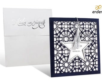 Silver Foil Edged White Wedding Invitation Card with Navy Velvet Star Lasercut Pocket and Silver Foiled White Envelope, Luxury Thick Invite