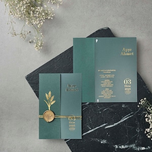 Gold Foil Acrylic Clear Transparent Wedding Invitation and Gold Foil Green Khaki Cover with Gold Wax Seal and Gold String, Printed