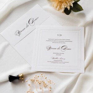 White Modern Wedding Invitation Card with Embossed Border and White Envelope, Minimal Luxury Invite, Printed