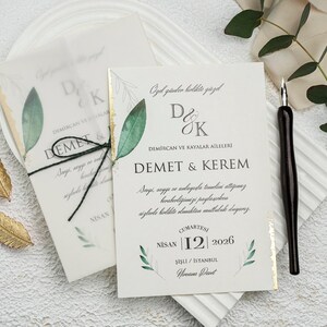 White Translucent Vellum Paper Coated Green Leaves Patterned Wedding Invitation Card with Gold Foil Edge, Green String&Place Cards/Name Tags