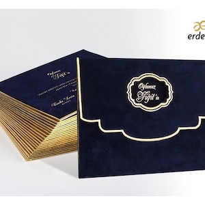Gold Foiled Dark Navy Blue Wedding Invitation Card and Gold Foiled Dark Navy Blue Velvet Cover with Name Tag, Luxury Thick Invite, Printed