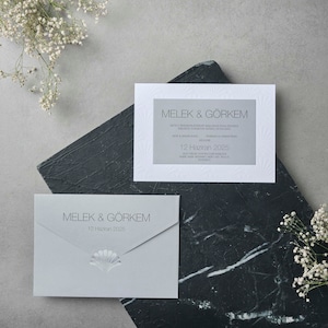 White Embossed Oyster Framed Gray Modern Wedding Invitation Card and Gray Envelope with Silver Foiled Oyster, Minimal Invite, Printed