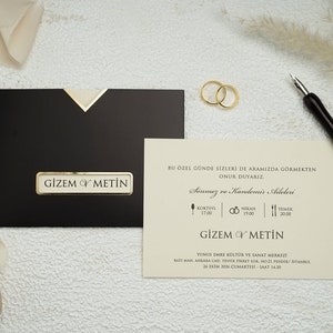 Cream Beige Modern Wedding Invitation Card and Gold Foiled Black Sleeve, Minimal Luxury Invite, Printed
