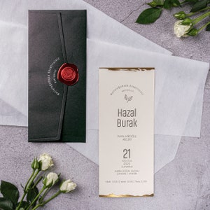 Gold Foil Edge Cream Ivory Wedding Invitation Card with Leaves and Black Envelope with Red Seal, Minimal Invite, Printed