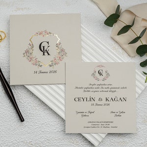 Floral Botanical Light Gray Modern Wedding Invitation Card and Light Gray Sleeve with Gold Foiled Flower Monogram, Minimal Invite, Printed
