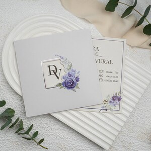 White Modern Wedding Invitation Card with Purple Flowers Border and Light Gray Floral Botanical Sleeve, Minimal Invite, Printed