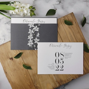 White Modern Wedding Invitation Card and Lily Flower Patterned Gray Sleeve, Minimal Floral Botanical Invite, Printed