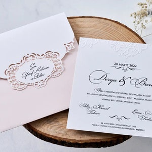 White Modern Wedding Invitation Card with Embossed Trims and Powder Color Lasercut Envelope, Minimal Invite, Printed