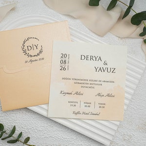 Watercolor Modern Wedding Invitation Card and Salmon Envelope with Black Floral Monogram, Minimal Luxury Invite, Printed