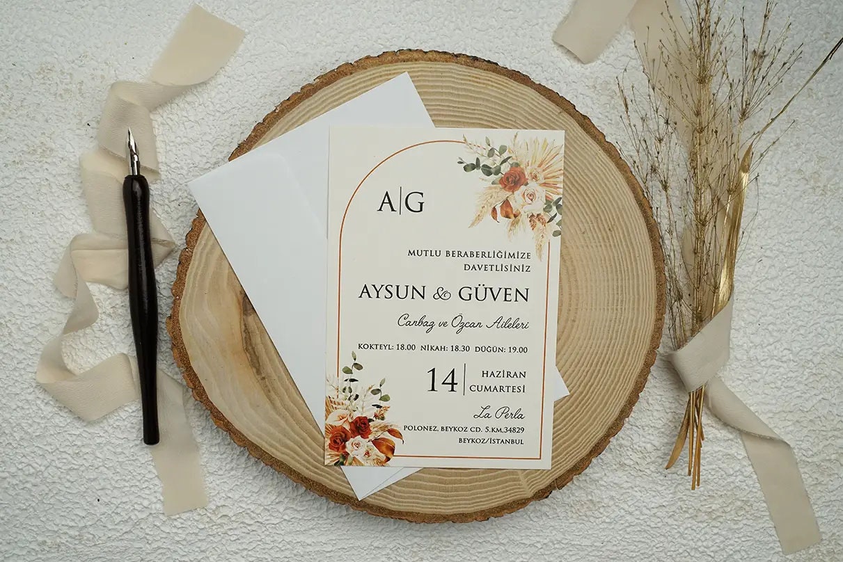 Floral Framed Cream Ivory Modern Wedding Invitation Card and White Envelope, Minimal Floral Botanical Invite, Printed