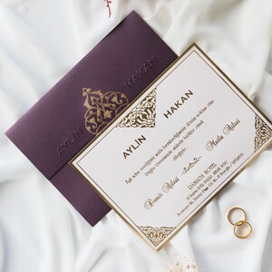 Gold Foil Edged White Wedding Invitation Card with Gold Foil Trims and Gold Foiled Purple Cover with Embossed Writing, Luxury Thick Invite