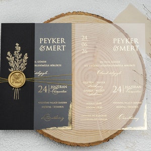 Gold Foil Acrylic Clear Transparent Wedding Invitation and Gold Foil Leaf Black Cover with Wax Seal and Gold String, Luxury Invite, Printed